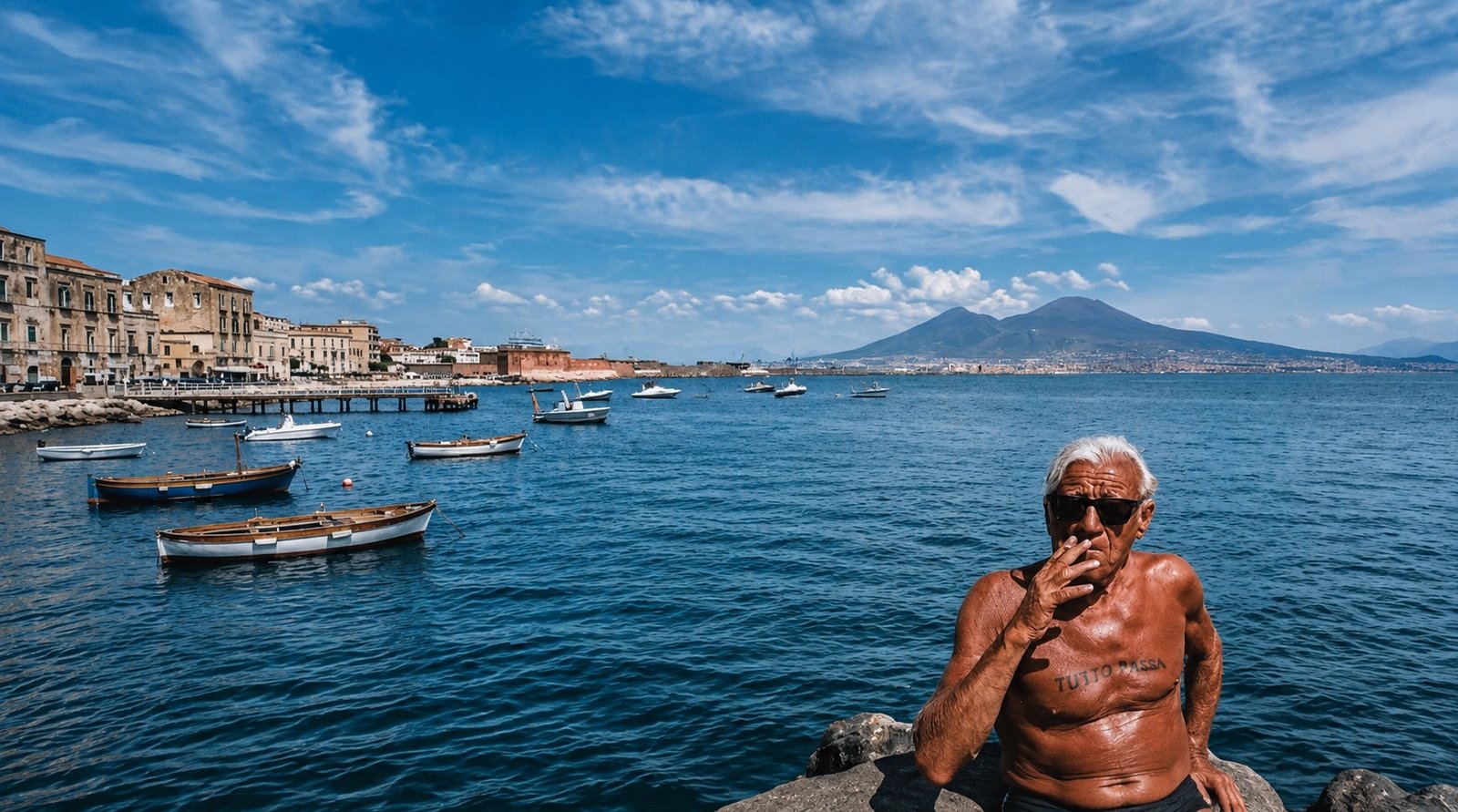 Bahía de Nápoles con barcas y el Vesubio al fondo