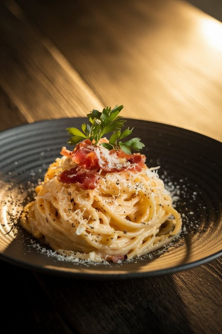 Espaguetis a la carbonara con panceta, parmesano y perejil